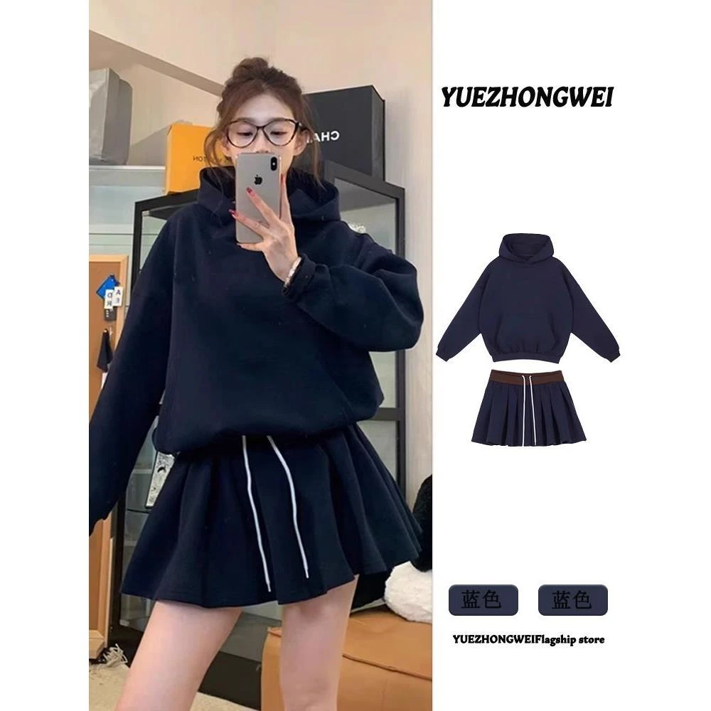 休闲运动套装女秋冬新款高级感韩版连帽卫衣显瘦半身短裙两件套潮