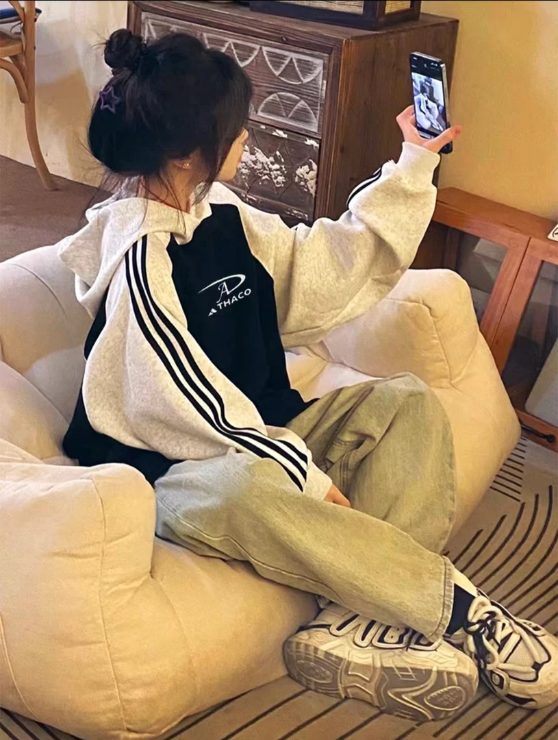 美式学院风三条杠连帽卫衣女秋季学生宽松卫衣 w2442-ww009