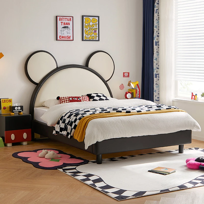 创意简约儿童床男孩童趣卡通米老鼠真皮床女孩奶油风公主米奇皮床