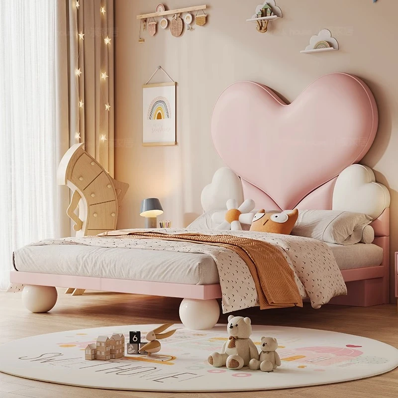轻奢现代爱心儿童床梦幻粉色网红女孩公主床卡通可爱实木软包皮床