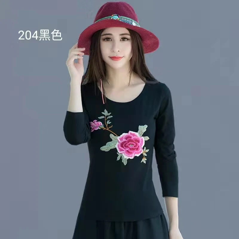 民族风长袖打底长袖圆领上衣大码女士修身百搭新款打底衫