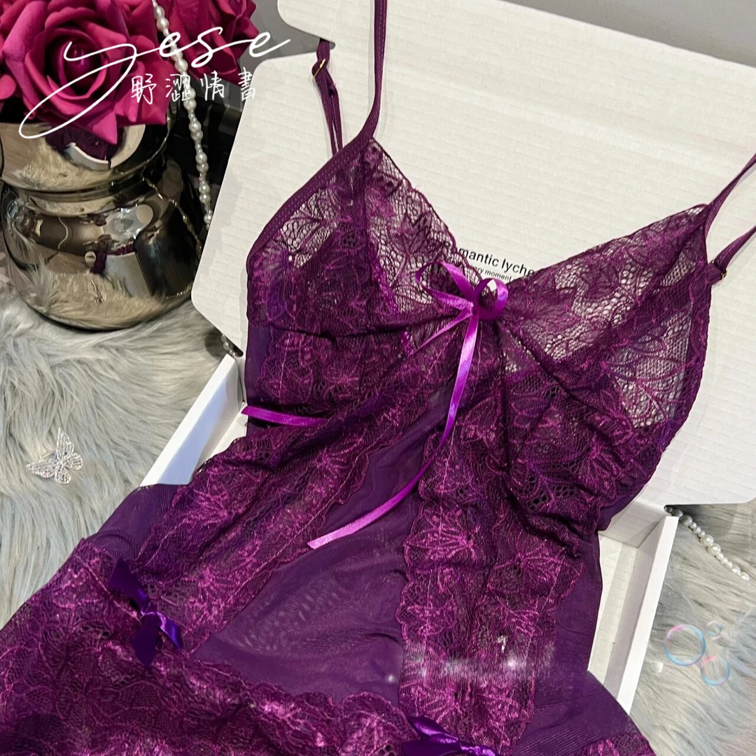 【乌梅紫】性感睡衣吊带蕾丝薄款镂空绑带睡裙纯欲风约会战袍