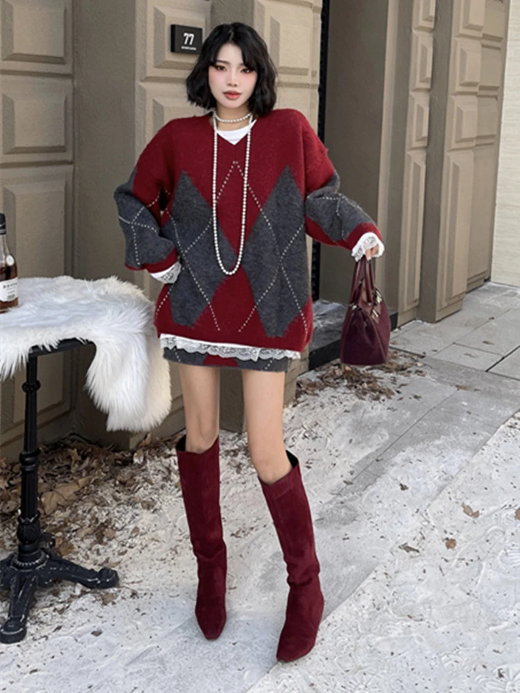 高级感菱形格针织套装女秋冬新款宽松慵懒毛衣配半身包臀裙两件套