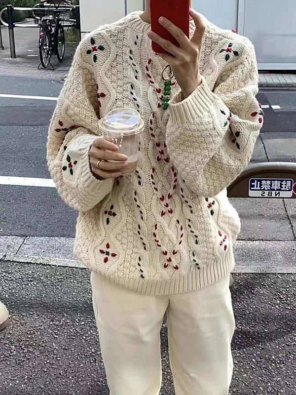 韩国东大门糖果混色大毛衣女网红慵懒风提花针织衫外穿圣诞新年款