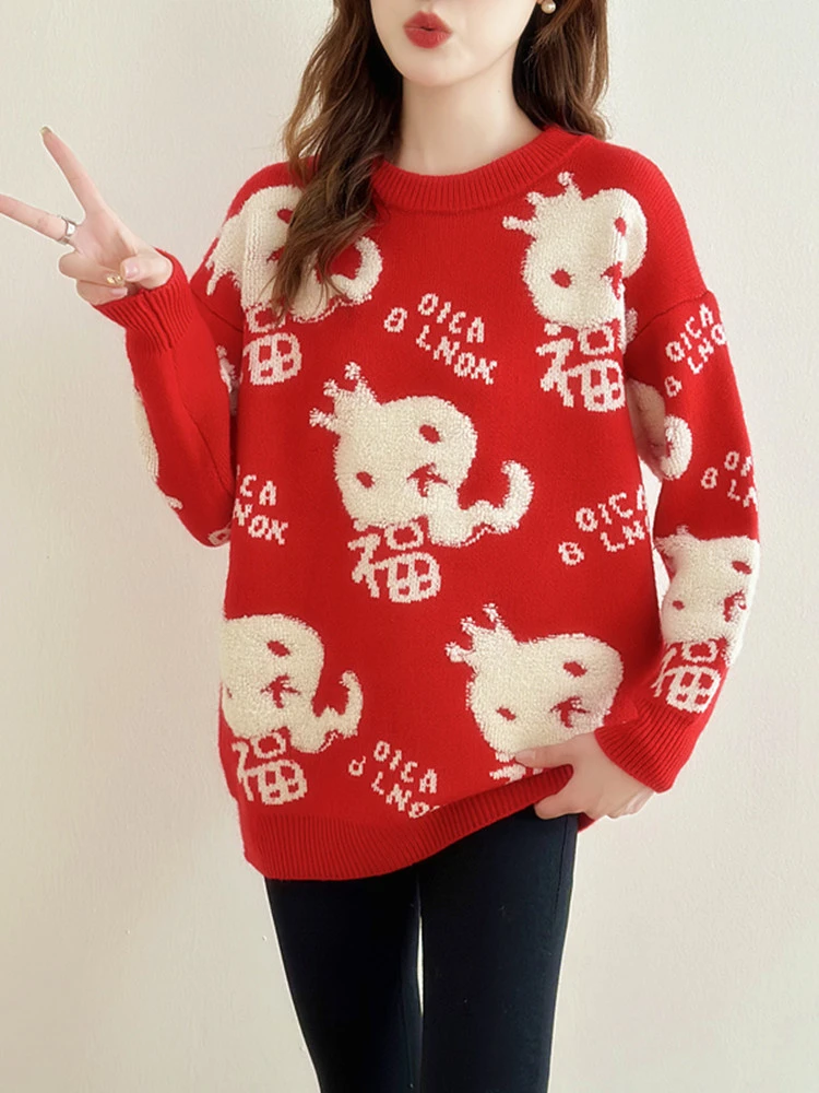 加厚大红色中长款植绒毛衣女2025蛇年秋冬新款本命年宽松针织上衣