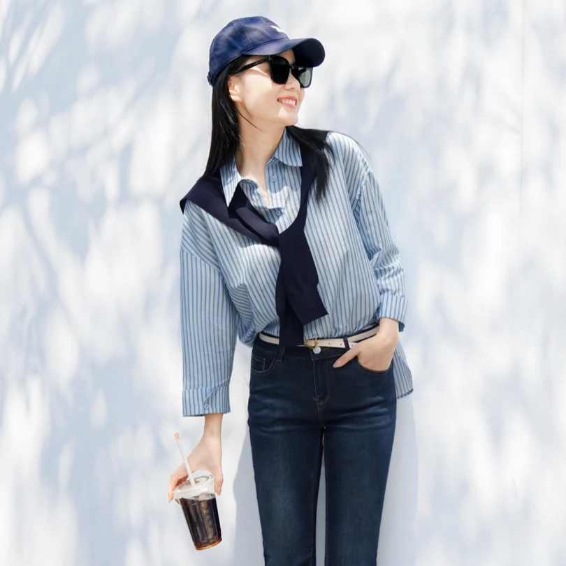 谭飞听海条纹衬衫春夏氛围感可拆卸坎肩条纹百搭休闲衬衫女