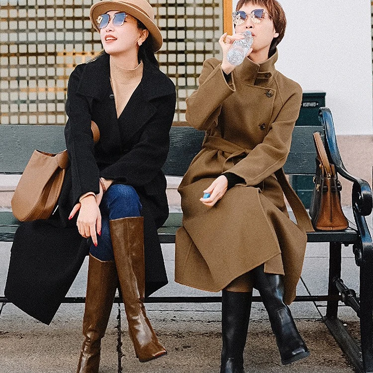 谭飞领袖大衣厚款保暖双面尼 感经典斜门襟腰带设计气场大衣