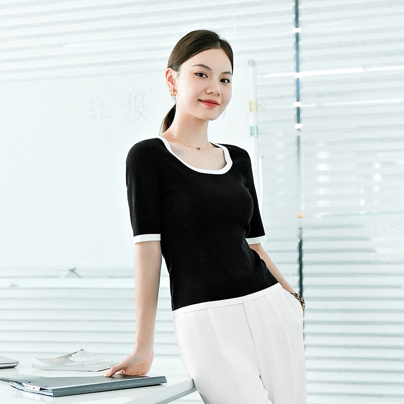 谭飞天鹅颈针织T正肩短袖t恤女2024新款夏季修身百搭撞色上衣