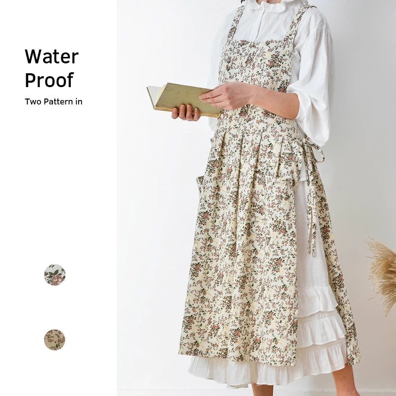 外贸跨境防污防水韩式印花可调节加长洋气厨房棉麻围腰兜工厂批发