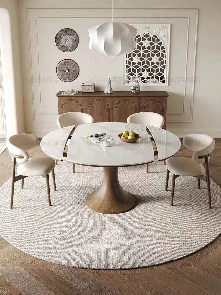 胡桃色法式复古风实木小弯腰折叠伸缩岩板餐桌方圆两用多功能餐桌