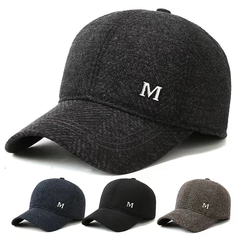 秋冬款男士中老年条形格铁标M加绒护耳棒球帽