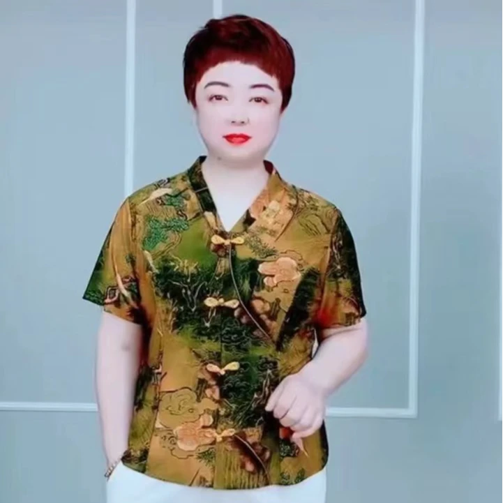 网红夏季气质妈妈装中国风盘扣印花时尚洋气百搭大码短袖宽松显瘦