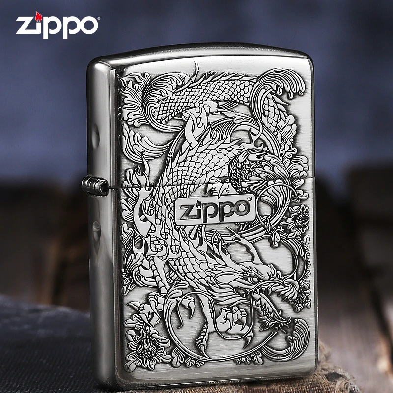 ZIPPO打火机纯银唐草龙带标防风精雕雕刻浮雕送礼收藏正品经典