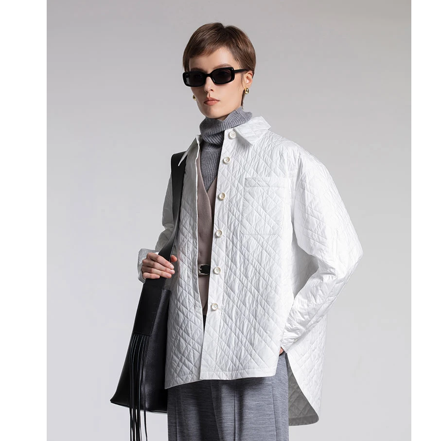 春秋休闲时尚百搭冷霜白色菱形格子绗线衬衫式轻薄棉服SW2158