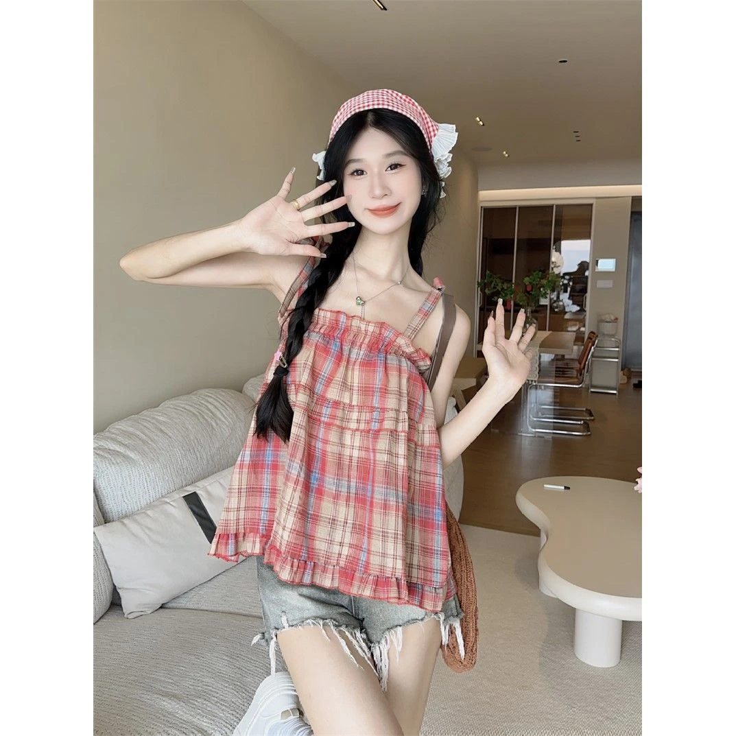 学院风格子短款无袖外穿小吊带夏季新款甜辣妹洋气减龄背心上衣女