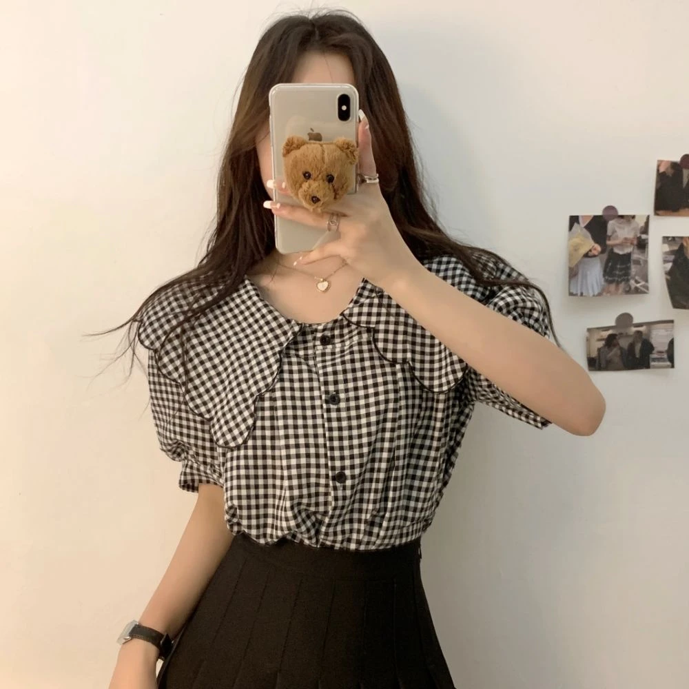 法式学院风格子短袖衬衫女夏季新款设计感小众宽松显瘦娃娃领上衣