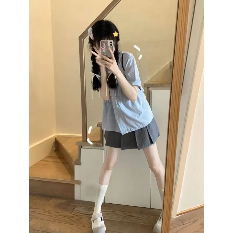韩系甜美学院风蓝色衬衫女夏季设计感小众褶皱宽松短袖娃娃衫上衣