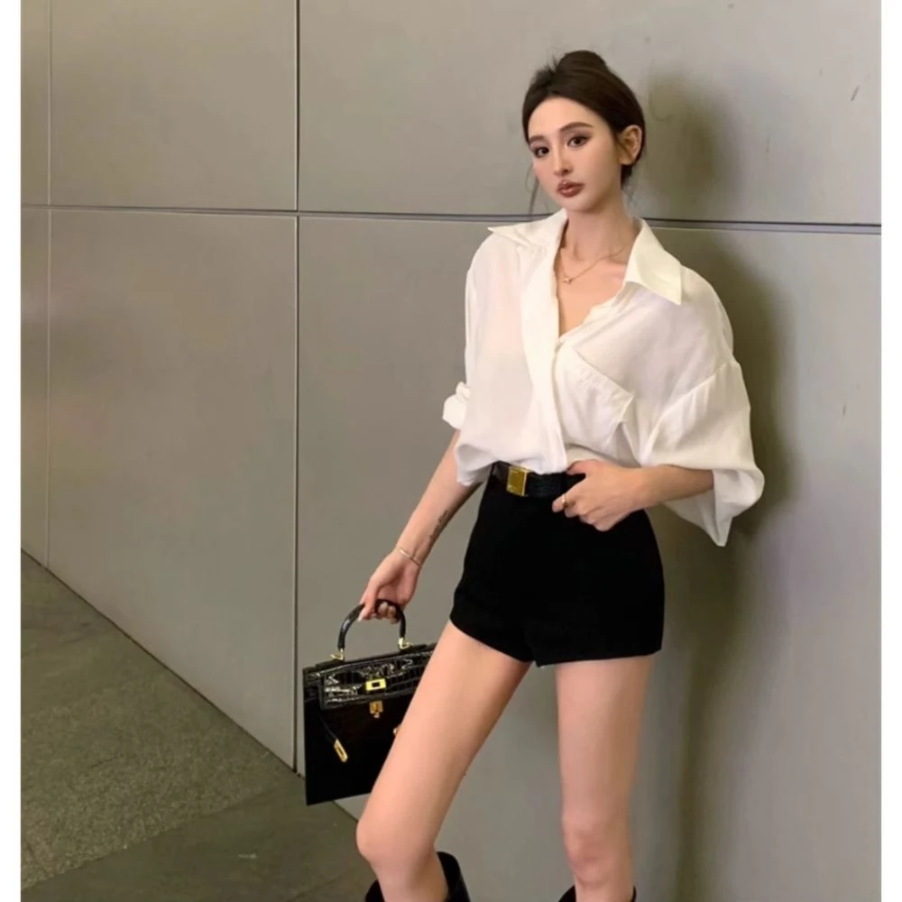 法式白色polo领长袖衬衫女春秋新款显瘦气质衬衫小众干练气场女装