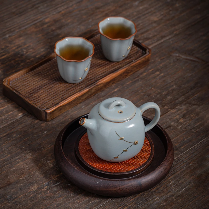 焗瓷锔钉正宗汝窑茶具套装茶杯主人杯一壶两杯西施壶泡茶壶高端