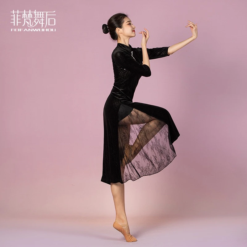 菲梵舞后旗袍舞蹈服女古典丝绒黑色珍珠开叉蕾丝民国改良舞蹈旗袍