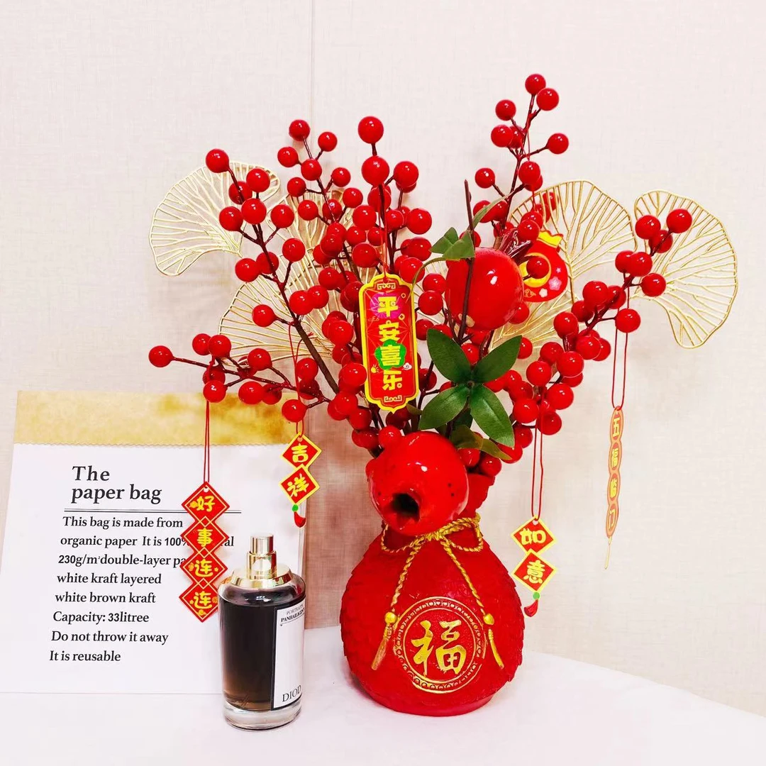 红果发财仿真花红色假花摆设客厅插花花瓶装饰花束冬青新年摆件