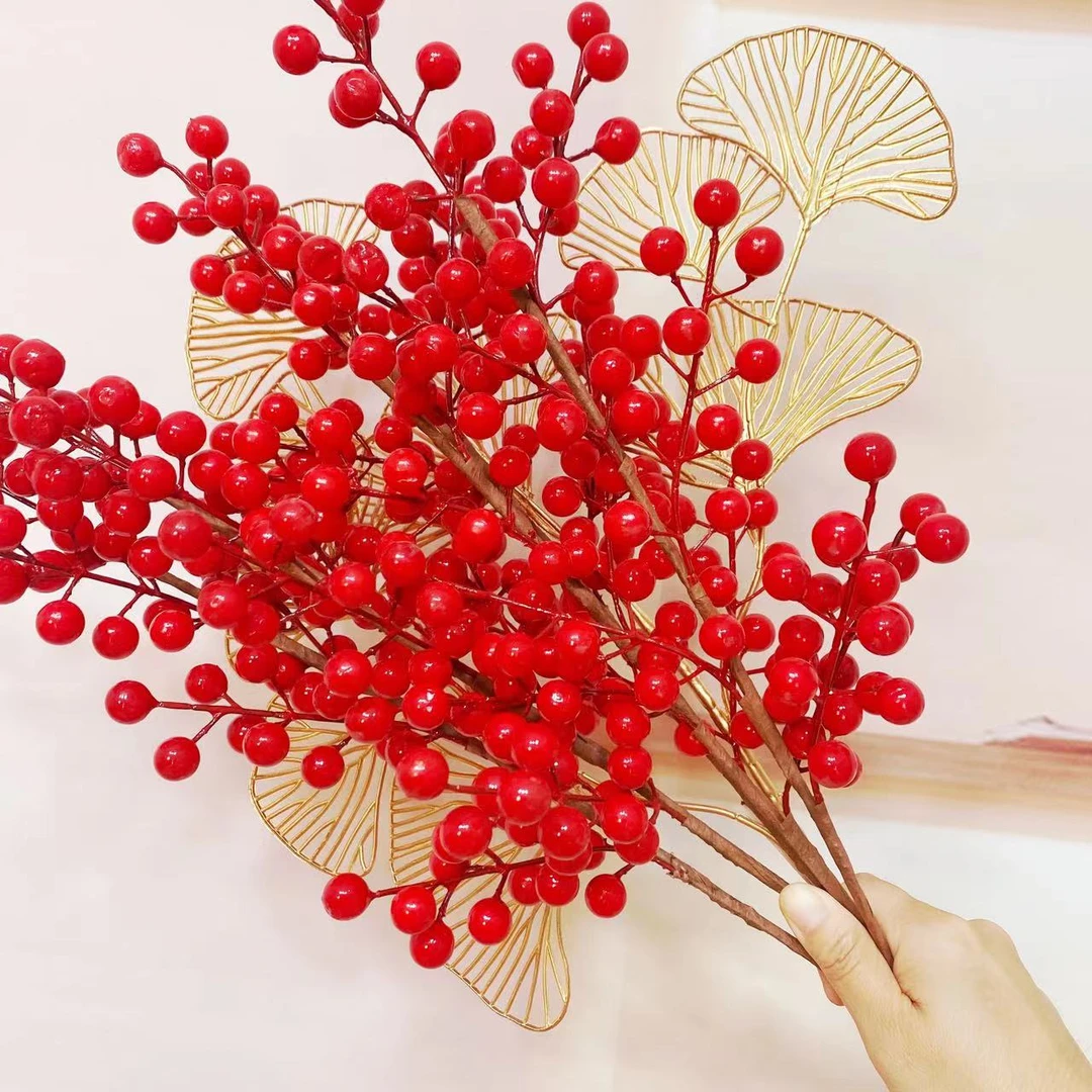 红果发财仿真花红色假花摆设客厅插花花瓶装饰花束冬青新年摆件