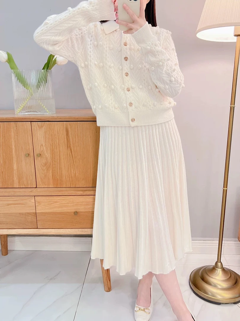 100%山羊绒百褶裙白色米色轻盈飘逸弹力松紧腰舒适百搭