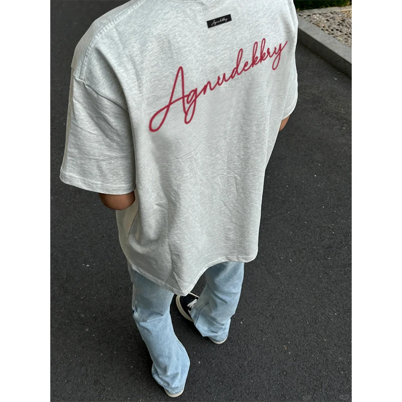 100%纯棉宽松文艺风字母印花vintage夏季T恤圆领短袖温柔系上衣男