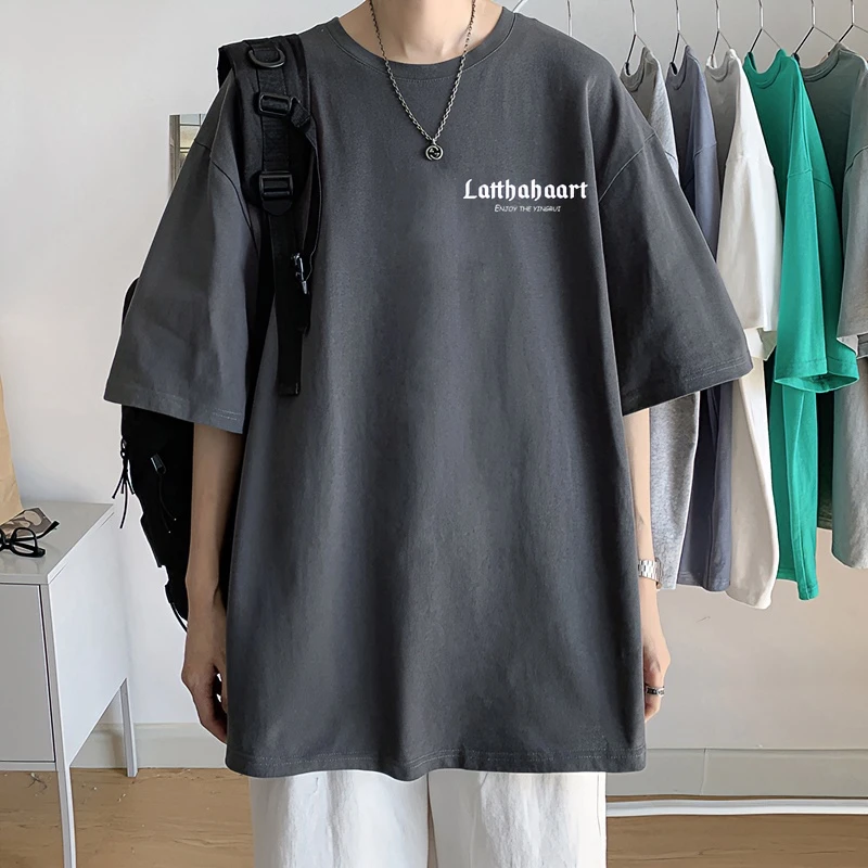 短袖T恤男夏季简约风深灰色宽松半袖上衣男装重磅220克纯棉打底衫