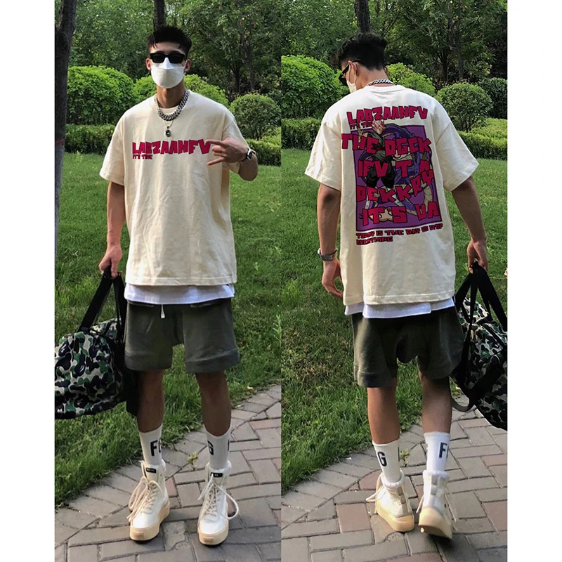 高级感街头重磅220克短袖T恤纯棉上衣服男装夏季小众bm风印花圆领