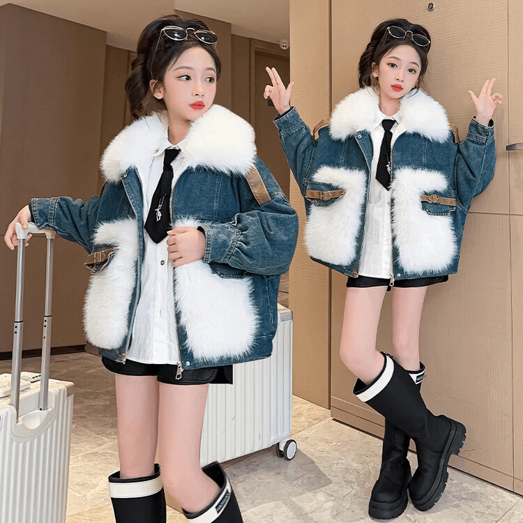 女童牛仔拼接仿皮草外套2023新款儿童秋冬装时髦学生加厚上衣加绒