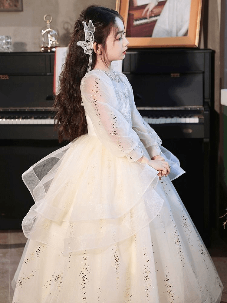 晚礼服主持人高端轻奢小众儿童花童女孩十岁生日公主气质白色长袖