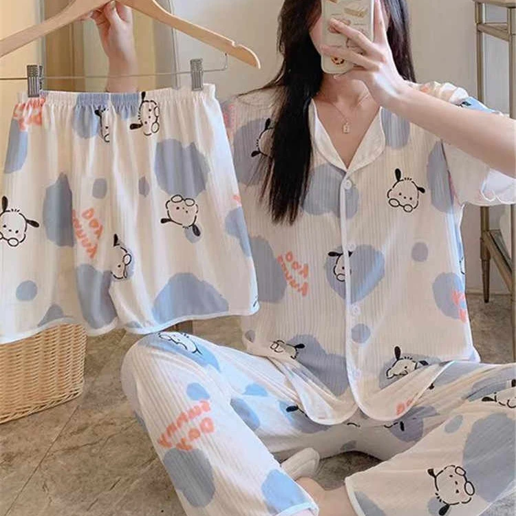 睡衣女款春夏季薄款短袖时尚三件