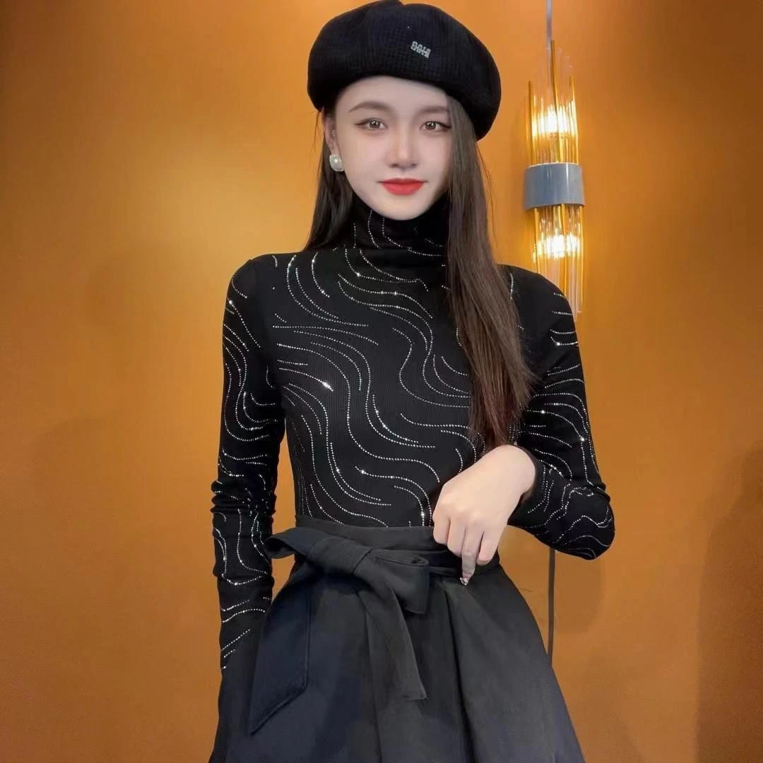 【加厚德绒】2023打底衫女装欧货重工烫钻装新款磨绒设计感袖上衣