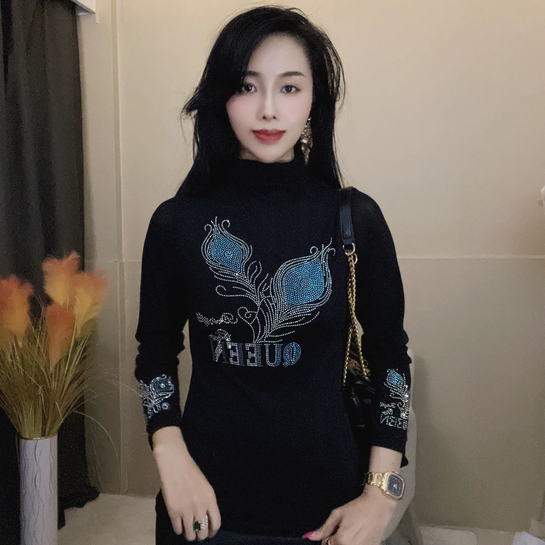 【蓝色眼睛加厚绒】大码烫钻打底衫新款内搭时尚网红爆款女士小衫