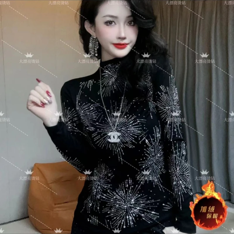 【333银色烟花加绒】半高领烫钻打底衫t恤女修身显瘦高档镶钻上衣女