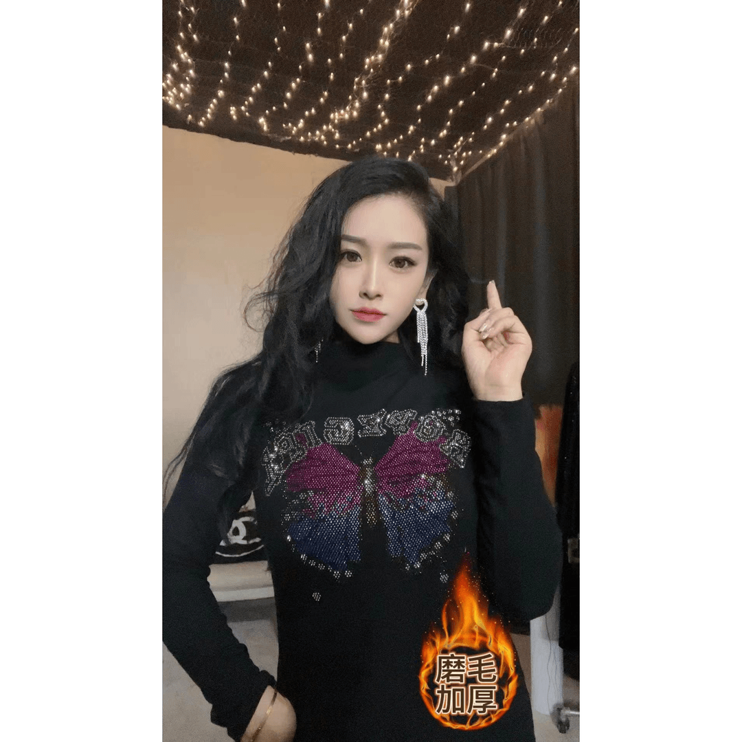 字母蝴蝶加绒镶钻打底衫女新潮洋气烫钻小衫修身显瘦上衣女