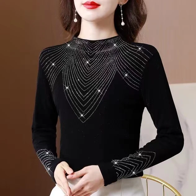 【粉丝专享】A914镶钻打底衫女新潮洋气烫钻小衫修身显瘦上衣女