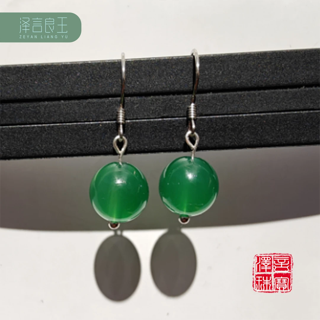 天然珠宝玉石s925银耳钩绿玛瑙玉髓耳环耳坠正宗上等绿玉髓玉耳饰