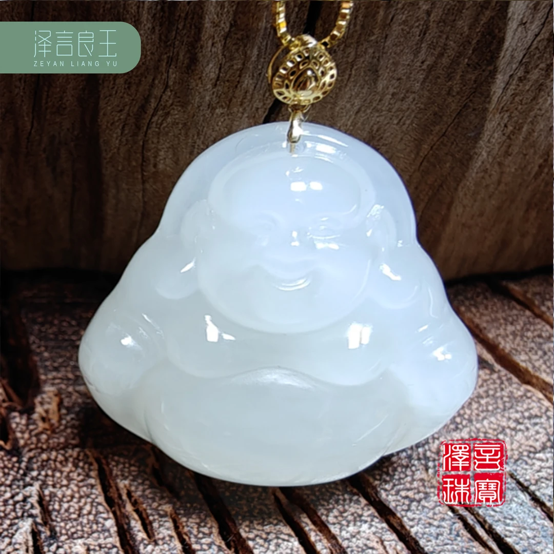 天然和田玉白玉弥勒佛18K金项坠玉佛项链和田玉雕刻佛公吊坠上等