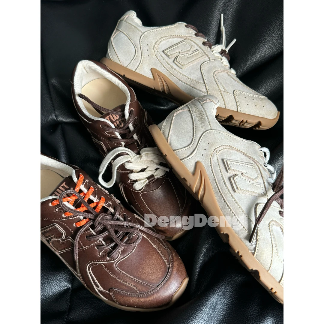 【灯噔家】2024N字微擦色复古真皮糯叽叽氛围感百搭平底休闲小白鞋