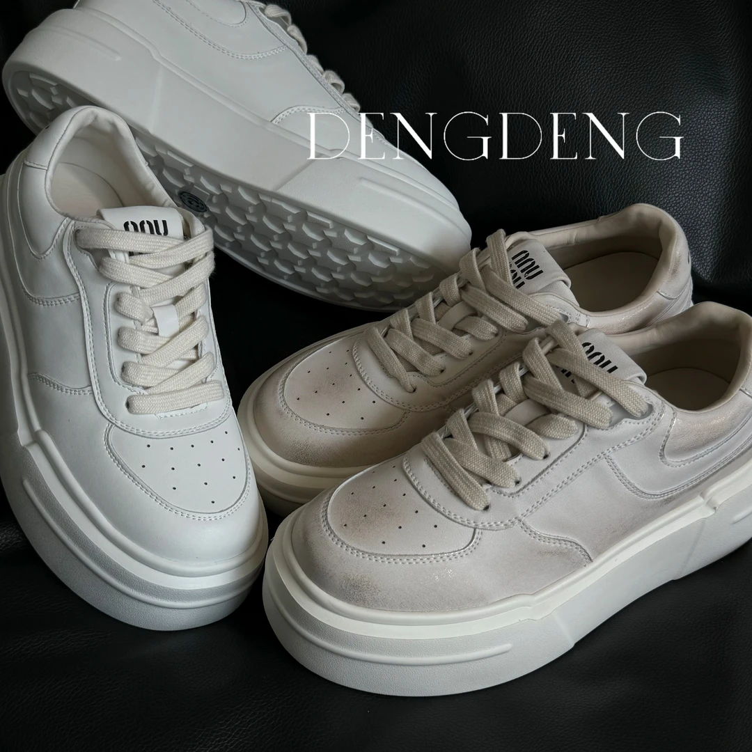 【灯噔家】2024真皮金属珠光擦色6CM增高潮流ins百搭学生厚底小白鞋