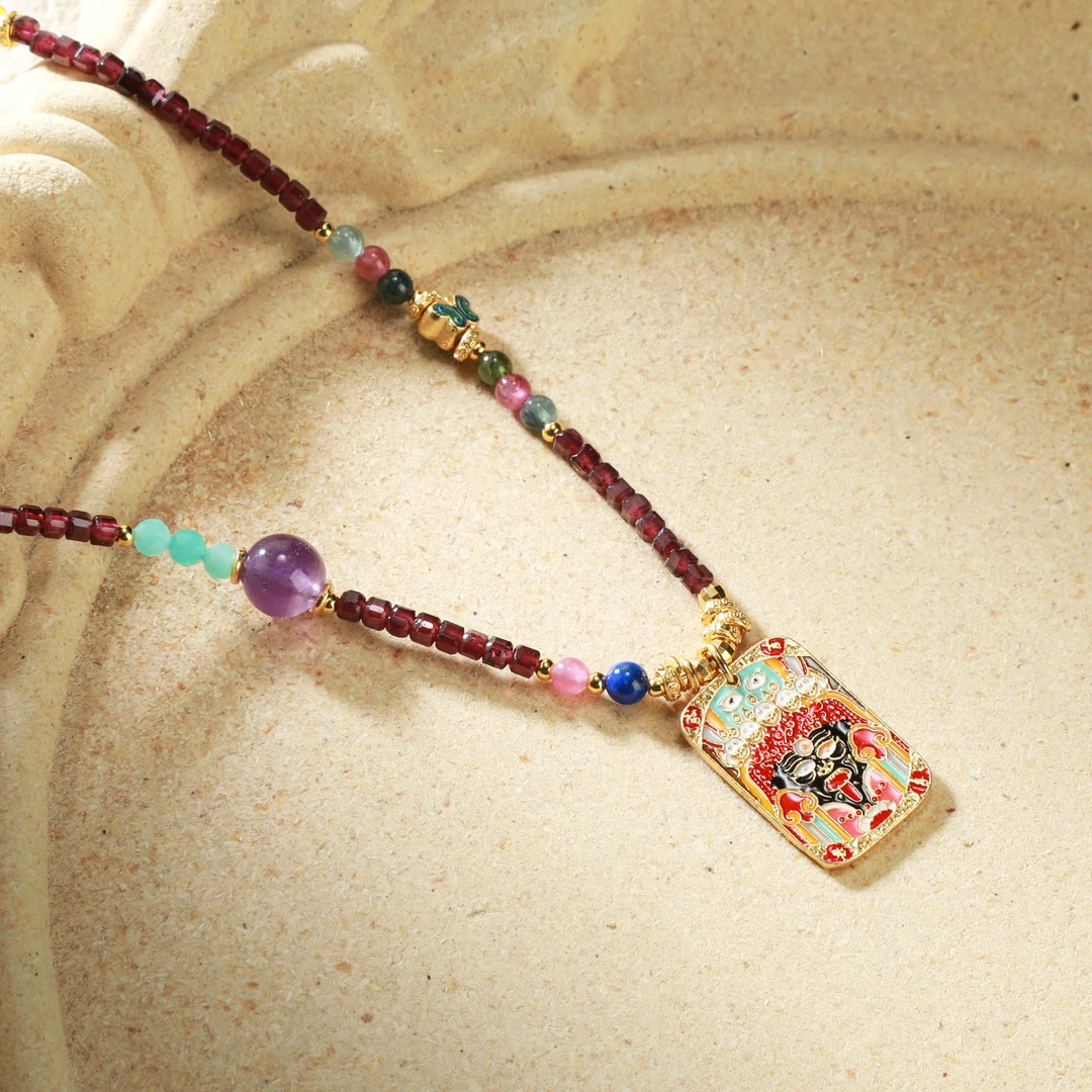 坠链均925银 梁雅帝新品【紫水扎吉拉姆双面方牌】中古气质纯银项链