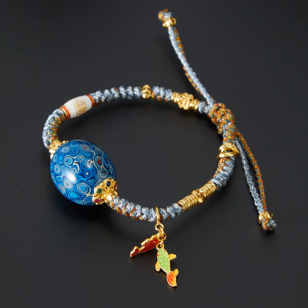 925银手链 梁雅帝新品【大漆珠蝴蝶滚筒锦鲤】气质编织纯银手链