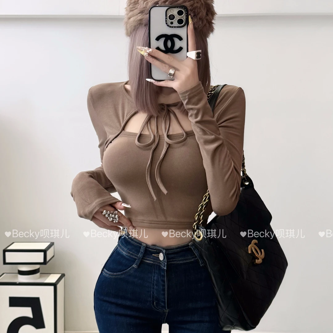 秋冬韩版加绒长袖纯欲性感修身短款百搭打底衫自带胸垫显大系带女