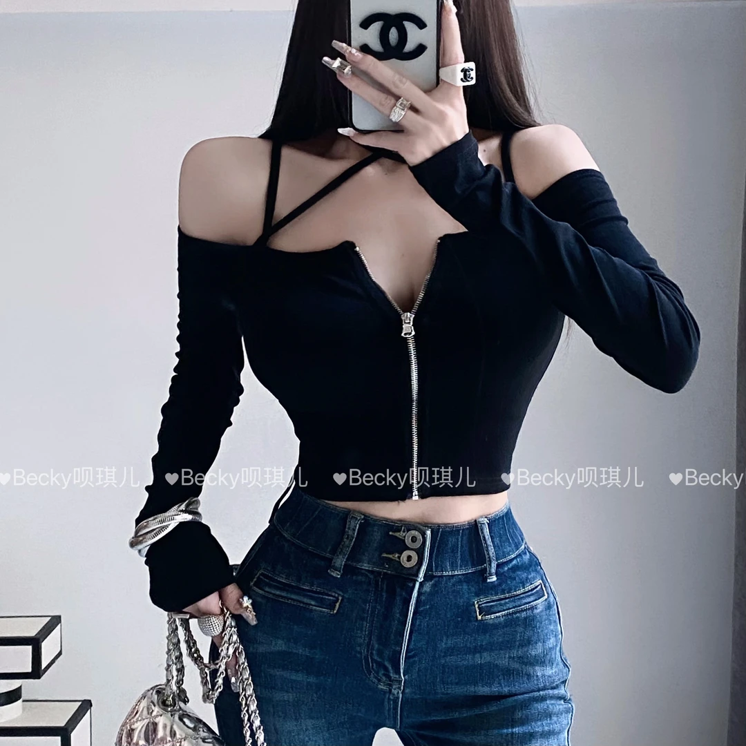 韩版性感辣妹一字肩露肩挂脖紧身短款长袖打底衫百搭时尚ins女