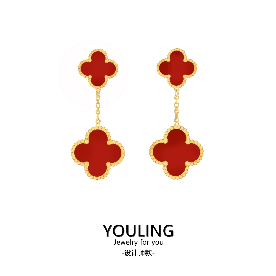 YOULING/柚琳 红色白色双花四叶耳环长款垂坠耳饰