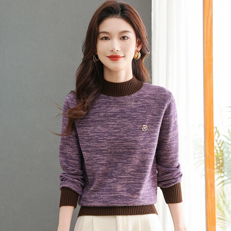 【亚聚甄选】25秋冬季女士圆领套头加厚保暖显瘦遮肉彩纱针织衫