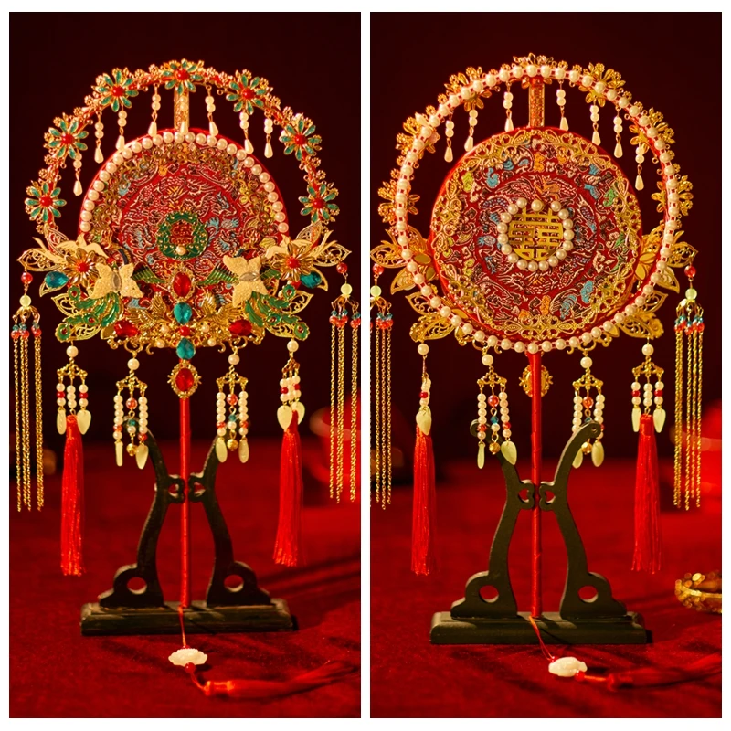 2023年新款新中式秀禾团扇新娘结婚大气明制宫扇红色古风双面喜扇