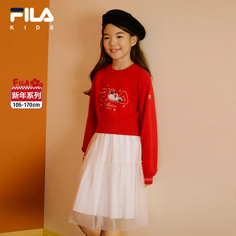 【新年款】FILA斐乐儿童连衣裙红色休闲优雅可爱长袖裙子K12G514303